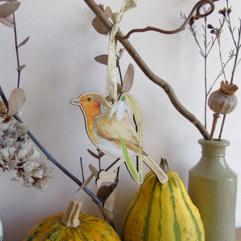Robin And Snowdrop Wooden Hanging Decoration, 7 of 11