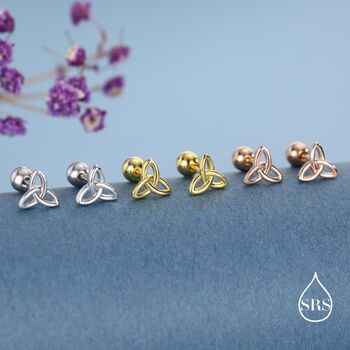 Sterling Silver Trinity Knot 18g Ball Back Screw Back Earrings, 3 of 11