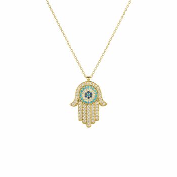 Hamsa Hand Evil Eye Necklace Plated Sterling Silver, 2 of 4