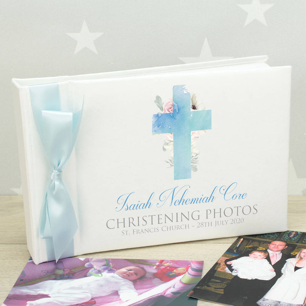 Printed Watercolour Cross Christening Photo Album By Love Lumi Ltd