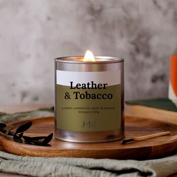 Leather And Tobacco Crackle Wick Candle For Him, 2 of 7