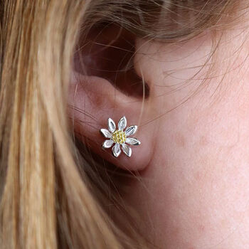 Two Tone Daisy Flower Stud Earrings In Sterling Silver, 5 of 12