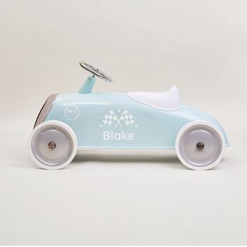 Personalised Little Racer Flag Blue Ride On Toy, 2 of 2