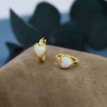 White Opal Heart Huggie Hoop Earrings Sterling Silver, 2 of 11
