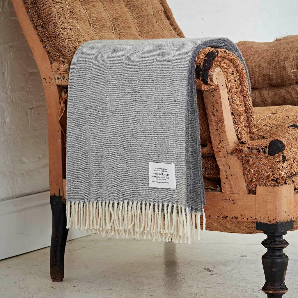 Merino Lambswool Grey Herringbone Throw By Bottle Green Homes