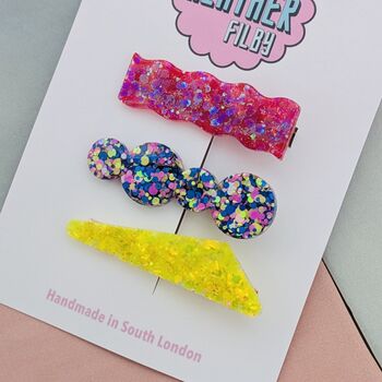 Pink, Blue And Yellow Glitter Assorted Resin Hair Clips, 3 of 4