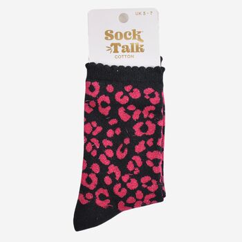 Women's Glitter Socks Pink Black Leopard Print, 5 of 5