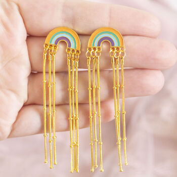 Boho Rainbow Earrings With Long Chain Drops, 6 of 7