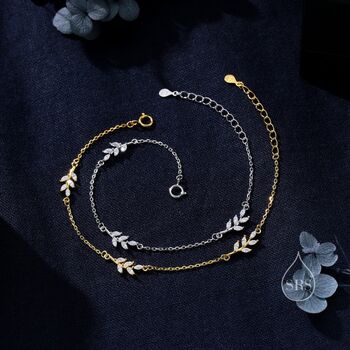 Cz Leaf Motif Bracelet In Sterling Silver, 3 of 12