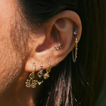 9k Solid Gold Diamond Starburst Huggie Hoop Earring, 2 of 2