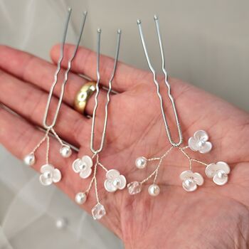 White Floral Bridal Hair Pins Set Of Three, 3 of 12