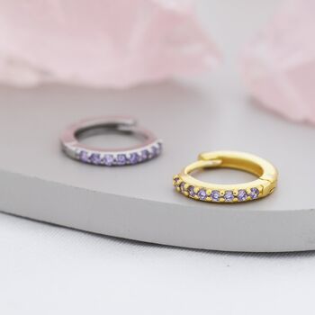 Sterling Silver Amethyst Purple Cz Huggie Hoops, 4 of 11