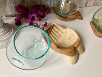 19cm Double Hand Hope Molten Glass Bowl On Teak Root, 7 of 9