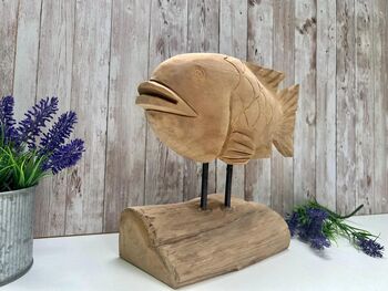 Large 30cm Hand Carved Carp Fish On Stand – Teak Root Ornament Sculpture, 3 of 9