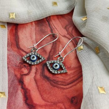 Long Silver Evil Eye Huggie Zircon Devil Eye Charm Earrings, 5 of 8
