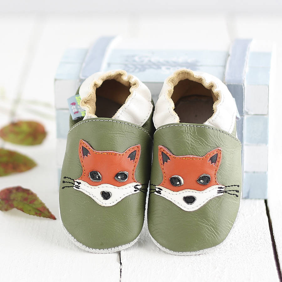fox green soft leather baby shoes by snuggle feet | notonthehighstreet.com