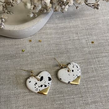 Black And White Ceramic Heart Earrings 22k Gold Lustre, 6 of 7