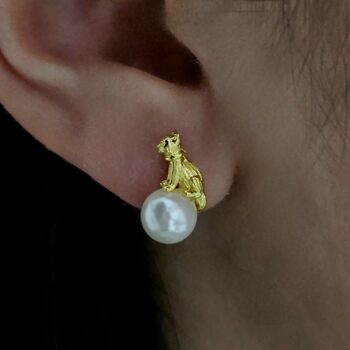 3D Cat Ivory Pearl And 18k Gold Plated Necklace And Earrings Jewellery Set, 5 of 5