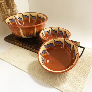 Set Of Two Ceramic Stoneware Soup Bowls W Blue Accents, 2 of 5