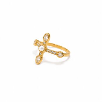 Pearl Cross Ring In 18k Gold Gemstone Cocktail Ring, 6 of 10