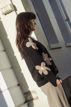 Black Crochet Applique Brown Floral Cardigan, 9 of 10