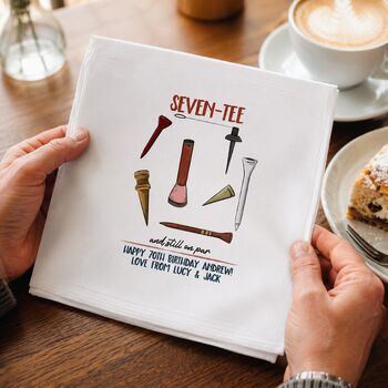 70th Birthday Golf Handkerchief Pair– Personalised “Seven Tee And Still On Par” Gift, 2 of 6