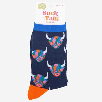 Women's Rainbow Highland Cow Bamboo Socks Navy Blue, 4 of 4