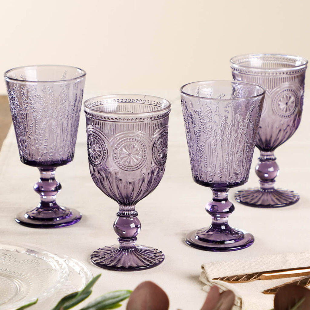 Set Of Four Purple Embossed Wine Goblets By Dibor