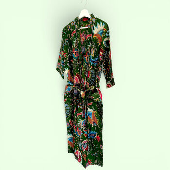 Green Floral Block Print 100% Cotton Dressing Gown, 5 of 7