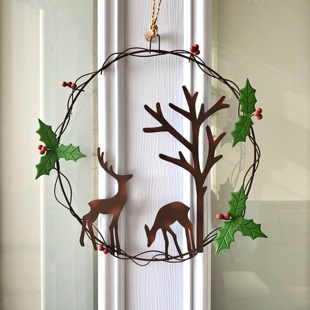Handmade Metal Deer Pair Winter Wreath, 1 of 5