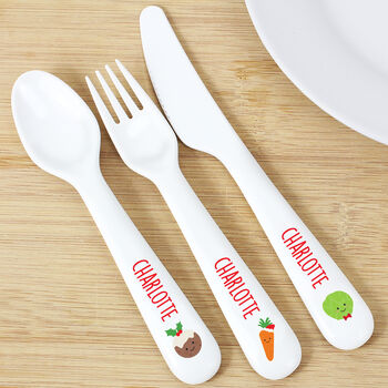 Personalised 'First Christmas Dinner' Three Piece Plastic Cutlery Set, 2 of 3