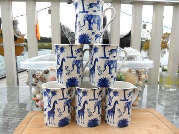 Set Of Six Straight Mugs In Blue Safari Design, 8 of 12