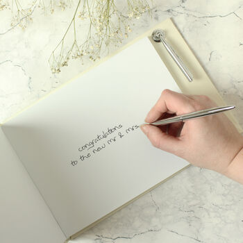 Wedding Guest Book And Pen, White Linen, 6 of 8
