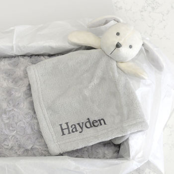 Personalised Grey Puppy Comforter And Blanket Gift Set, 2 of 7