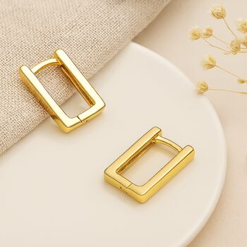 Gold Plated Sterling Silver Rectangle Huggie Hoop Earrings – 15mm, 2 of 4