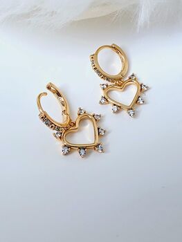 Cubic Zirconia Hollow Heart Charm Drop Earrings In 18k Gold Plated Hoops, 3 of 6