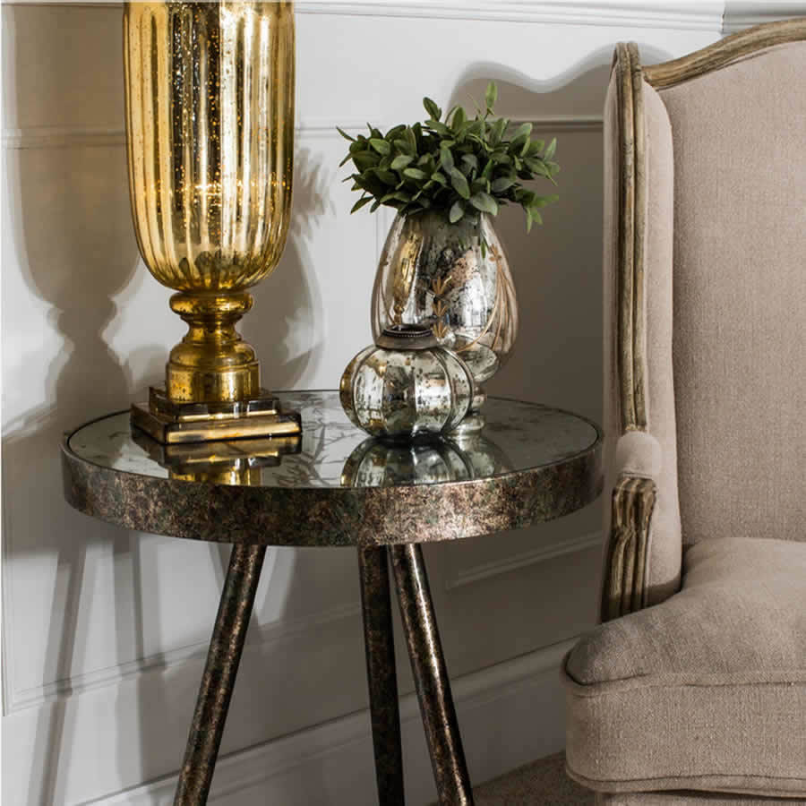 Round Mirrored Cowparsley Etched Three Leg Side Table By Cowshed