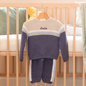 Personalised Blue Knitted Two Piece Baby Clothes, 7 of 12