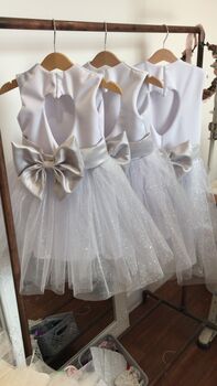 White Glitter Tutu Flower Girl Dress With Silver Bow And Heart Back Wedding And Special Occasion Dress For Girls, 3 of 6