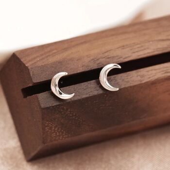Tiny Crescent Moon Stud Earrings In Sterling Silver, 2 of 12