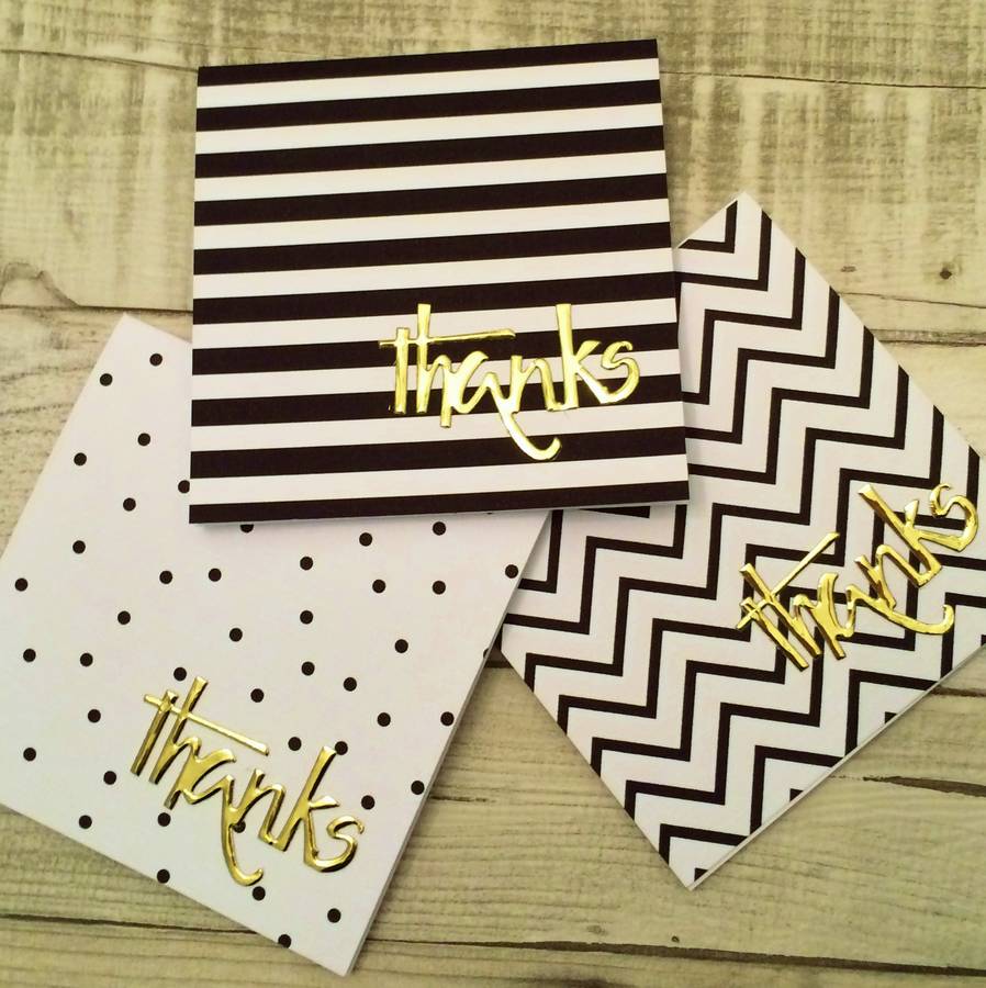 black, white and gold mini thank you cards, set of six by thoughts of