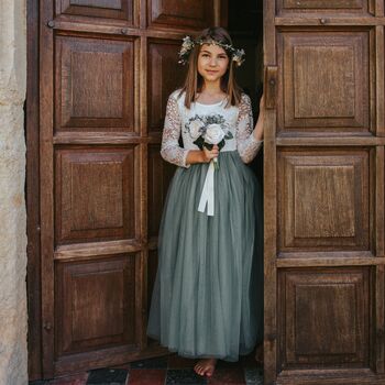 Classic Sage Green Bohemian Flower Girl Dress, 3 of 8