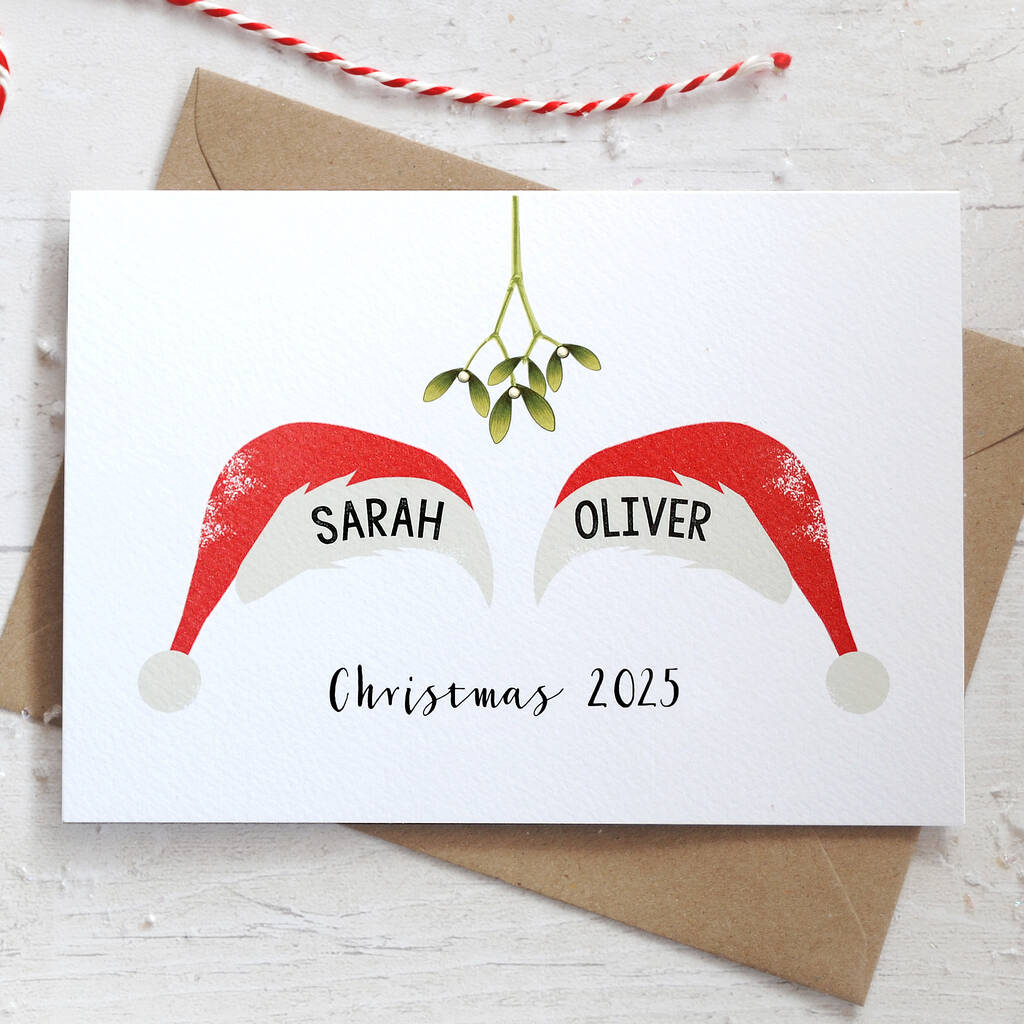 Personalised Christmas Couple Card 2025 With Santa Hats And Names, 1 of 3