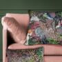 Wild Captivity Birds And Bird Cages Cushion With Flowers In Luxury Velvet On Dusty Pink, thumbnail 10 of 10