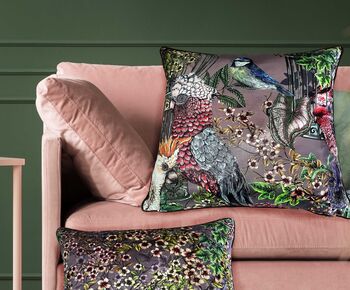 Wild Captivity Birds And Bird Cages Cushion With Flowers In Luxury Velvet On Dusty Pink, 10 of 10