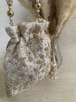 Cream Handcrafted Embroidered Pearl Potli Bag/Wrist Bag, 4 of 10