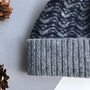Mens Grey And Navy Knitted Lambswool Beanie Hat, thumbnail 2 of 6