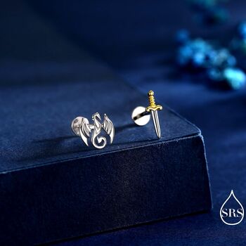 Sterling Silver Mismatched Dragon And Sword Stud Earrings, 2 of 12