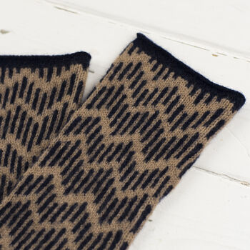 Zig Zag Knitted Wristwarmers In Camel And Navy, 2 of 2