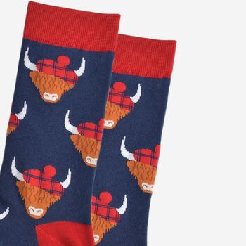 Men's Bamboo Socks Highland Cow Tartan Hat Blue, 3 of 5